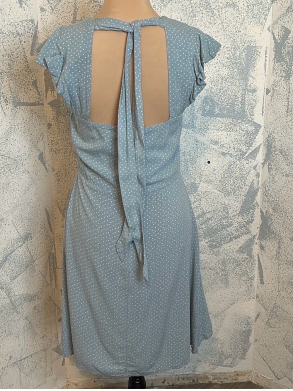 Eyeshadow Powder Blue Polka Dot Asymmetrical V-Neck Dress - Picture 2 of 2